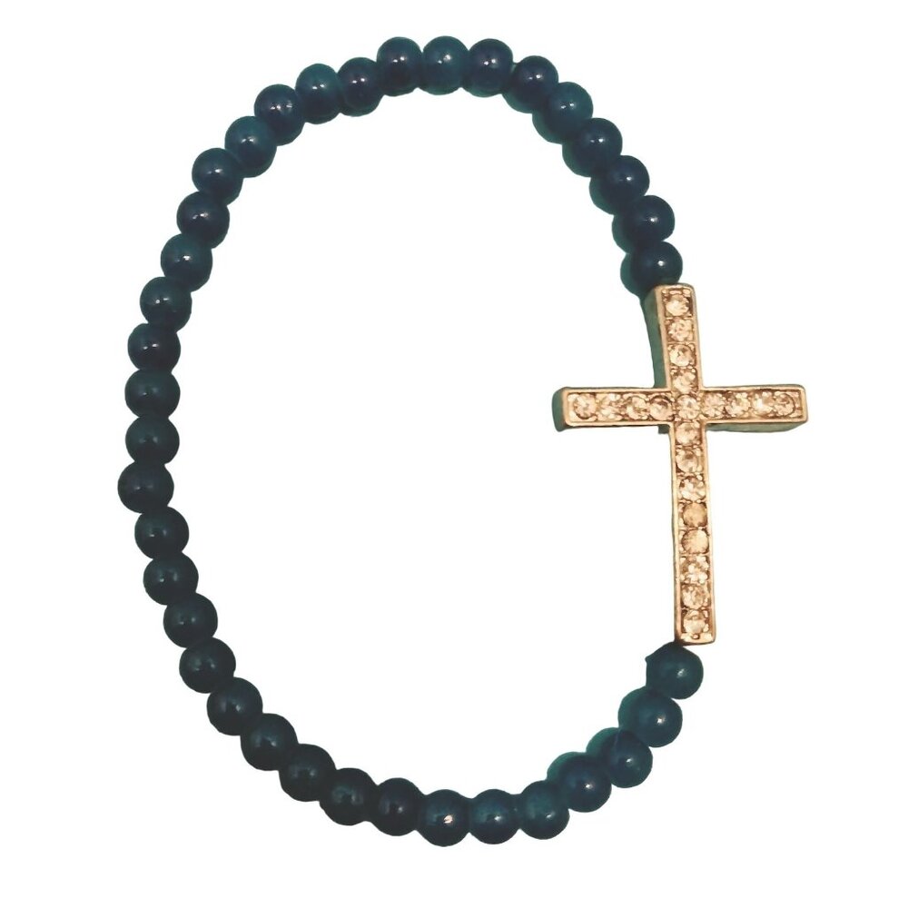 Silver Blue Rhinestone Cross Bracelet Beaded Stretch Easter 7 inch